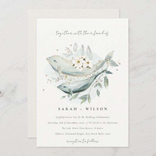 金ゴールドエレガント水中フローラ魚の結婚式の招待 サンキューカード (正面/裏面)