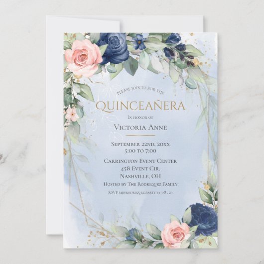 金ゴールドエレガント水彩ブルーピンクキンセアニラ 招待状 (正面)