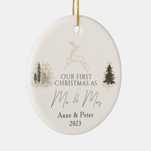 金ゴールドエレガント水彩初めてのクリスマス結婚した セラミックオーナメント (右)