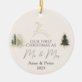 金ゴールドエレガント水彩初めてのクリスマス結婚した セラミックオーナメント