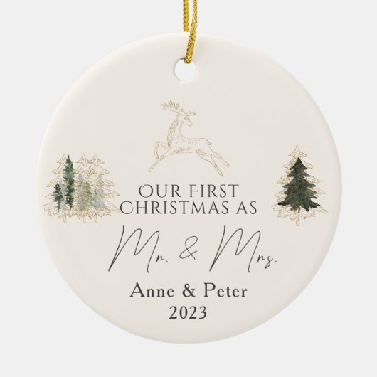 金ゴールドエレガント水彩初めてのクリスマス結婚した セラミックオーナメント (正面)