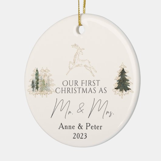金ゴールドエレガント水彩初めてのクリスマス結婚した セラミックオーナメント (左)