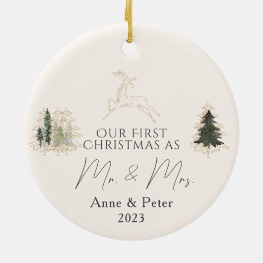 金ゴールドエレガント水彩初めてのクリスマス結婚した セラミックオーナメント (裏面)