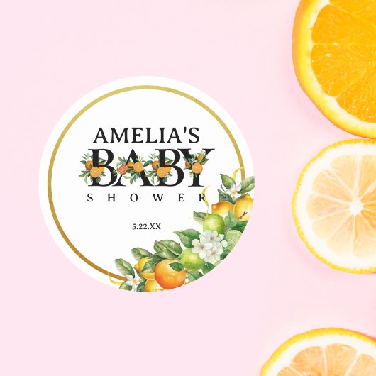 金ゴールドエレガント水彩柑橘系ベビーシャワーシール ラウンドシール