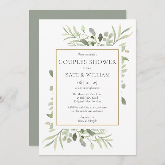 金ゴールドエレガント水彩緑のカップルシャワー 招待状 (正面/裏面)