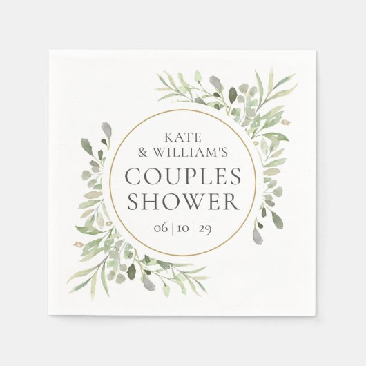 金ゴールドエレガント水彩緑カップルのシャワー スタンダードカクテルナプキン (正面)