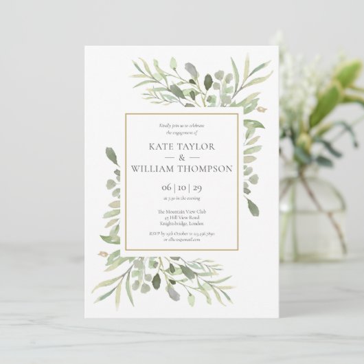 金ゴールドエレガント水彩緑化婚約 招待状 (スタンド正面)
