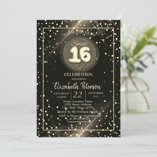 金ゴールドエレガント水玉模様，甘い16パーティー 招待状 (スタンド正面)