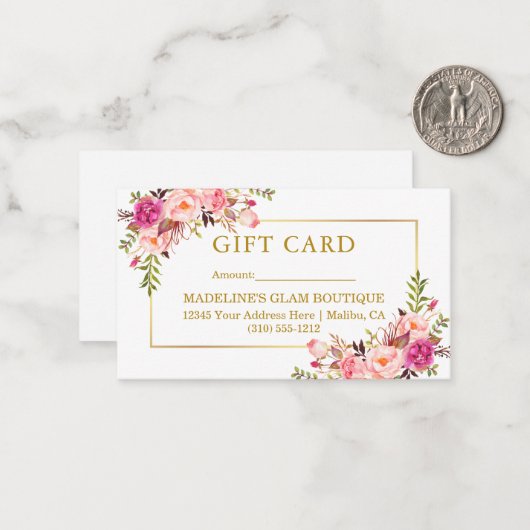 金ゴールドエレガント水色ピンクフローラギフトカード ノートカード (正面/裏面インサイチュ)