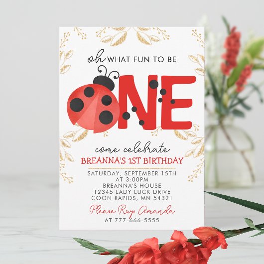 金ゴールドエレガント水色ラディバグ1st誕生日パーティー 招待状