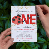 金ゴールドエレガント水色ラディバグ1st誕生日パーティー 招待状