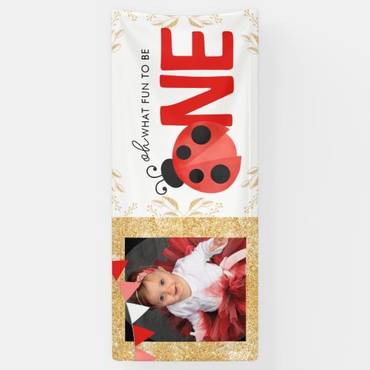 金ゴールドエレガント水色Ladybug ONE写真パーティー 横断幕 (縦)