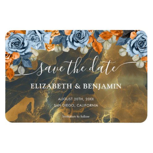 金ゴールドエレガント海軍と錆の結婚式の日付を保存 マグネット (横)