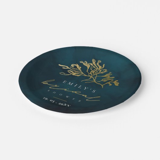 金ゴールドエレガント海軍の水中海藻ブライダルシャワー ペーパープレート (アングル)