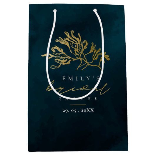 金ゴールドエレガント海軍の水中海藻ブライダルシャワー ミディアムペーパーバッグ (正面)