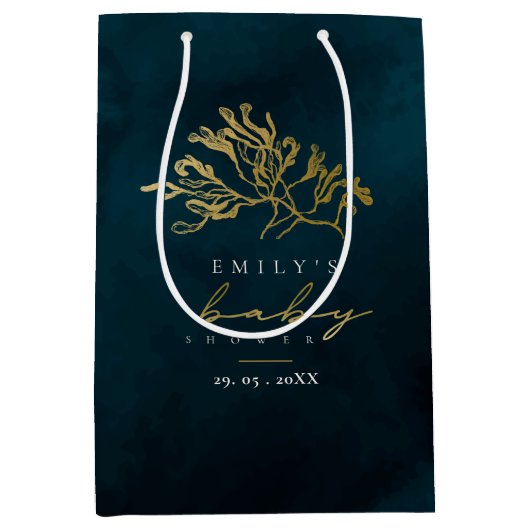 金ゴールドエレガント海軍の水中海藻ベビーシャワー ミディアムペーパーバッグ (正面)