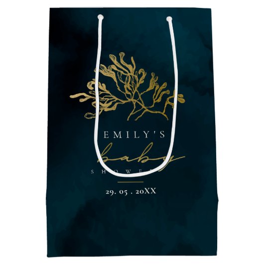 金ゴールドエレガント海軍の水中海藻ベビーシャワー ミディアムペーパーバッグ (裏面)