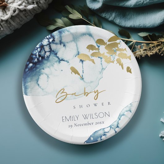 金ゴールドエレガント海軍の水中魚の赤ちゃんシャワー ペーパープレート