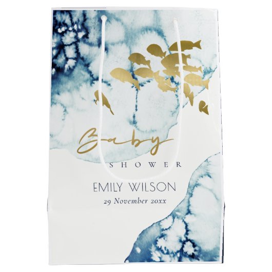 金ゴールドエレガント海軍の水中魚の赤ちゃんシャワー ミディアムペーパーバッグ (裏面)