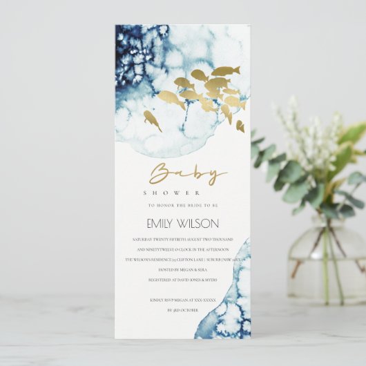 金ゴールドエレガント海軍の水中魚の赤ちゃんシャワー 招待状 (スタンド正面)