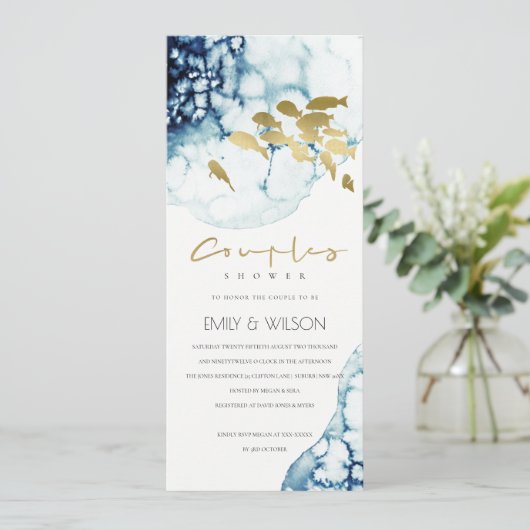金ゴールドエレガント海軍の水中魚類カップルのシャワー 招待状 (スタンド正面)