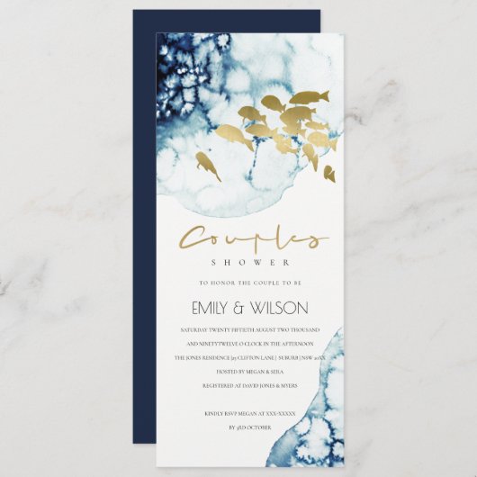 金ゴールドエレガント海軍の水中魚類カップルのシャワー 招待状 (正面/裏面)
