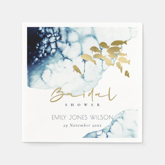 金ゴールドエレガント海軍の水中魚類ブライダルシャワー スタンダードカクテルナプキン (正面)