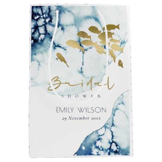 金ゴールドエレガント海軍の水中魚類ブライダルシャワー ミディアムペーパーバッグ (正面)