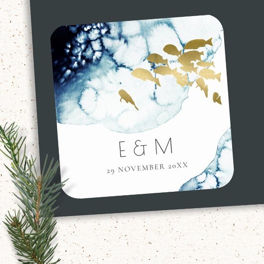 金ゴールドエレガント海軍の水中魚類モノグラム結婚ズ スクエアシール