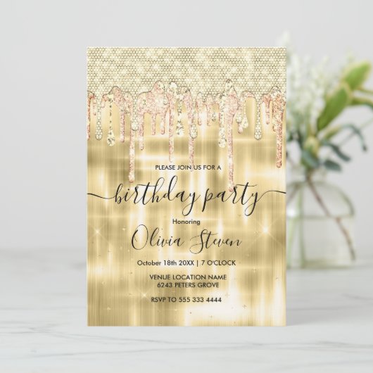 金ゴールドエレガント滴下グリッター任意の年齢モノグラム 招待状 (スタンド正面)