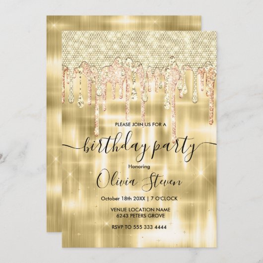 金ゴールドエレガント滴下グリッター任意の年齢モノグラム 招待状 (正面/裏面)