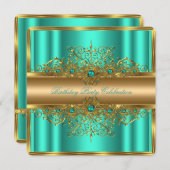 金ゴールドエレガント玉ティール(緑がかった色)ピアスバースデーパーティー3 招待状 (正面/裏面)