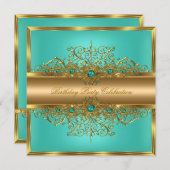 金ゴールドエレガント玉ティール（緑がかった色）ピアスバースデーパーティー 招待状 (正面/裏面)