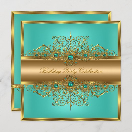 金ゴールドエレガント玉ティール(緑がかった色)ピアスバースデーパーティー 招待状 (正面/裏面)