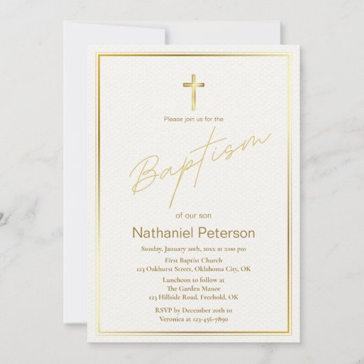 金ゴールドエレガント男の赤ちゃんバプテスマ招待状 招待状 (正面)