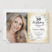 金ゴールドエレガント白フローラ写真50誕生日 招待状 (正面)