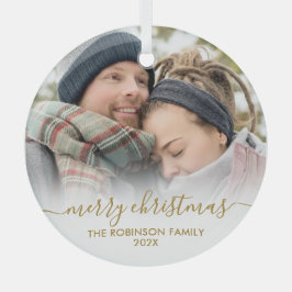 金ゴールドエレガント白人夫婦の写真メリークリスマス ガラスオーナメント
