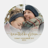 金ゴールドエレガント白人夫婦の写真メリークリスマス ガラスオーナメント (裏面)