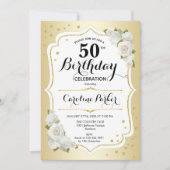 金ゴールドエレガント白写真第50誕生日 招待状 (正面)