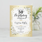 金ゴールドエレガント白写真第50誕生日 招待状 (スタンド正面)