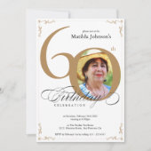 金ゴールドエレガント白書道写真第60誕生日 招待状 (正面)