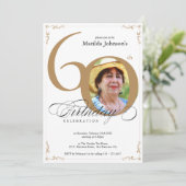 金ゴールドエレガント白書道写真第60誕生日 招待状 (スタンド正面)