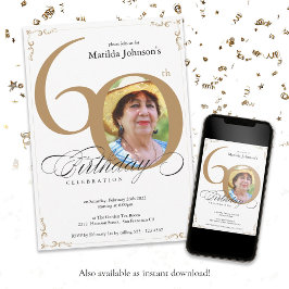 金ゴールドエレガント白書道写真第60誕生日 招待状