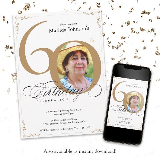 金ゴールドエレガント白書道写真第60誕生日 招待状