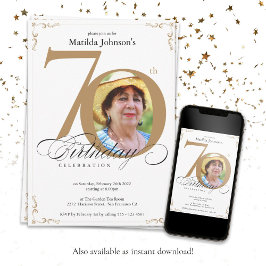 金ゴールドエレガント白書道写真第70誕生日 招待状