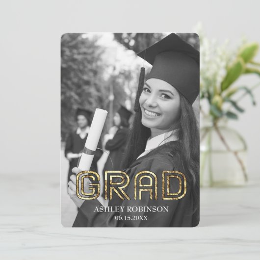 金ゴールドエレガント白黒の大学院写真パーティー 招待状 (スタンド正面)
