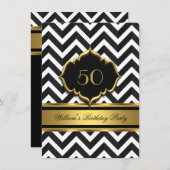 金ゴールドエレガント白黒シェブロン誕生日パーティー 招待状 (正面/裏面)