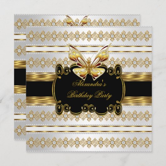 金ゴールドエレガント白黒ジュエルストライプバタフライ 招待状 (正面/裏面)