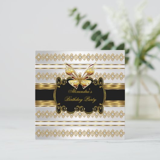 金ゴールドエレガント白黒ジュエルストライプバタフライ 招待状 (スタンド正面)