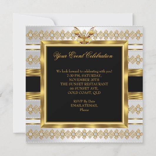 金ゴールドエレガント白黒ジュエルストライプバタフライ 招待状 (裏面)